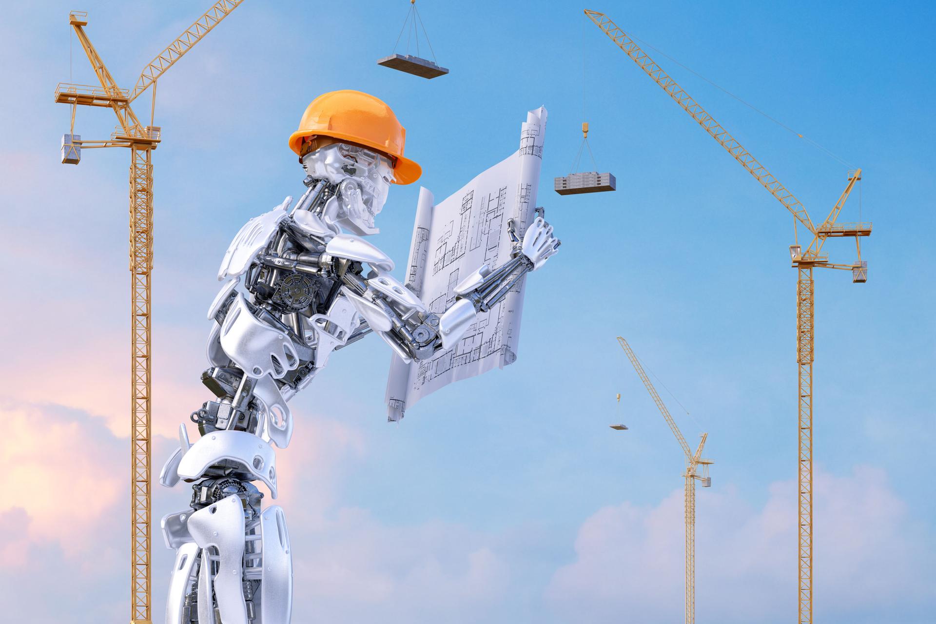 Robot foreman engineer in hardhat holding construction drawings against construction site with tower cranes.