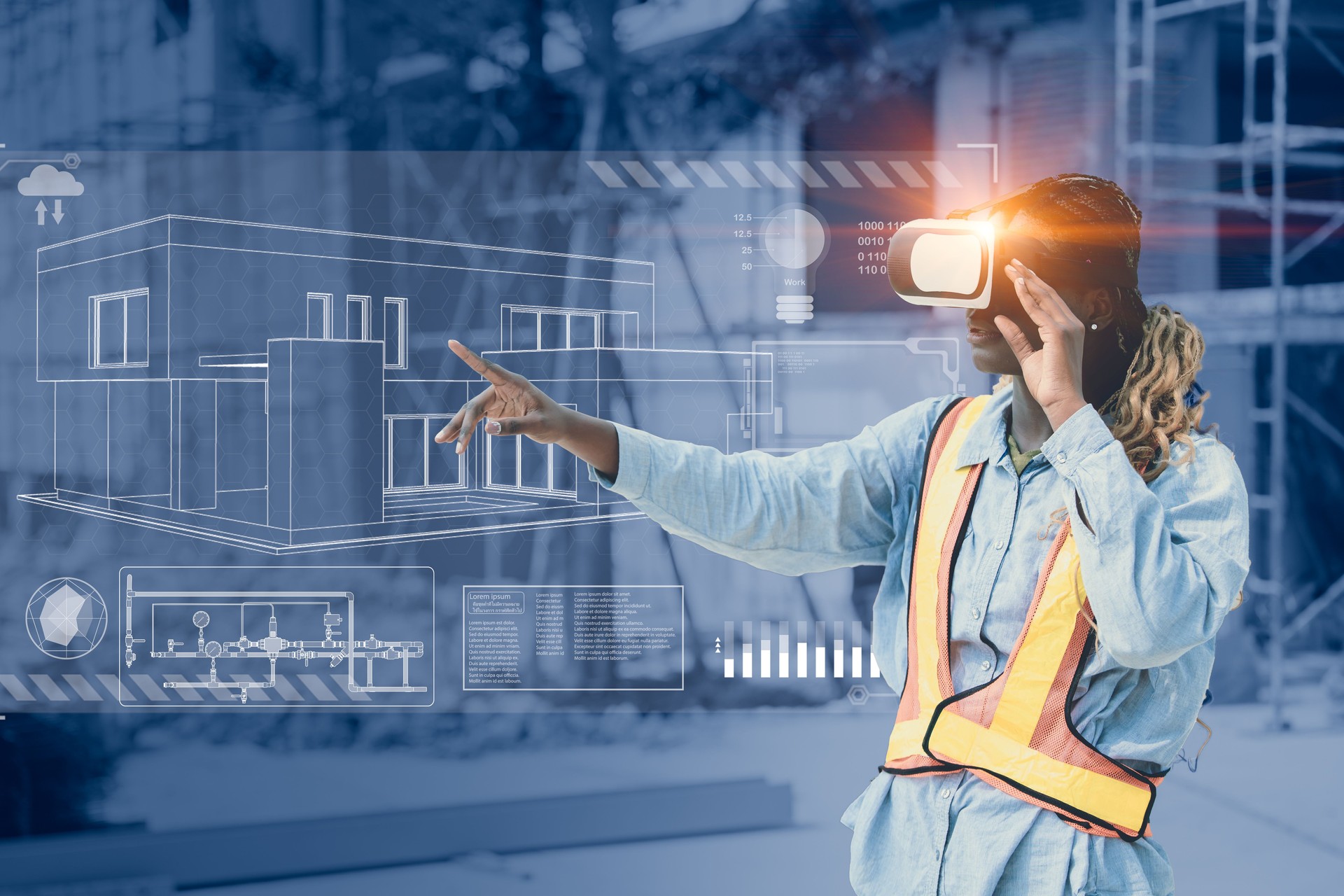 Futuristic Builder Architect Engineer Wearing Augmented Reality Headset and Using Gestures to Look Design Commercial Building Construction Site.